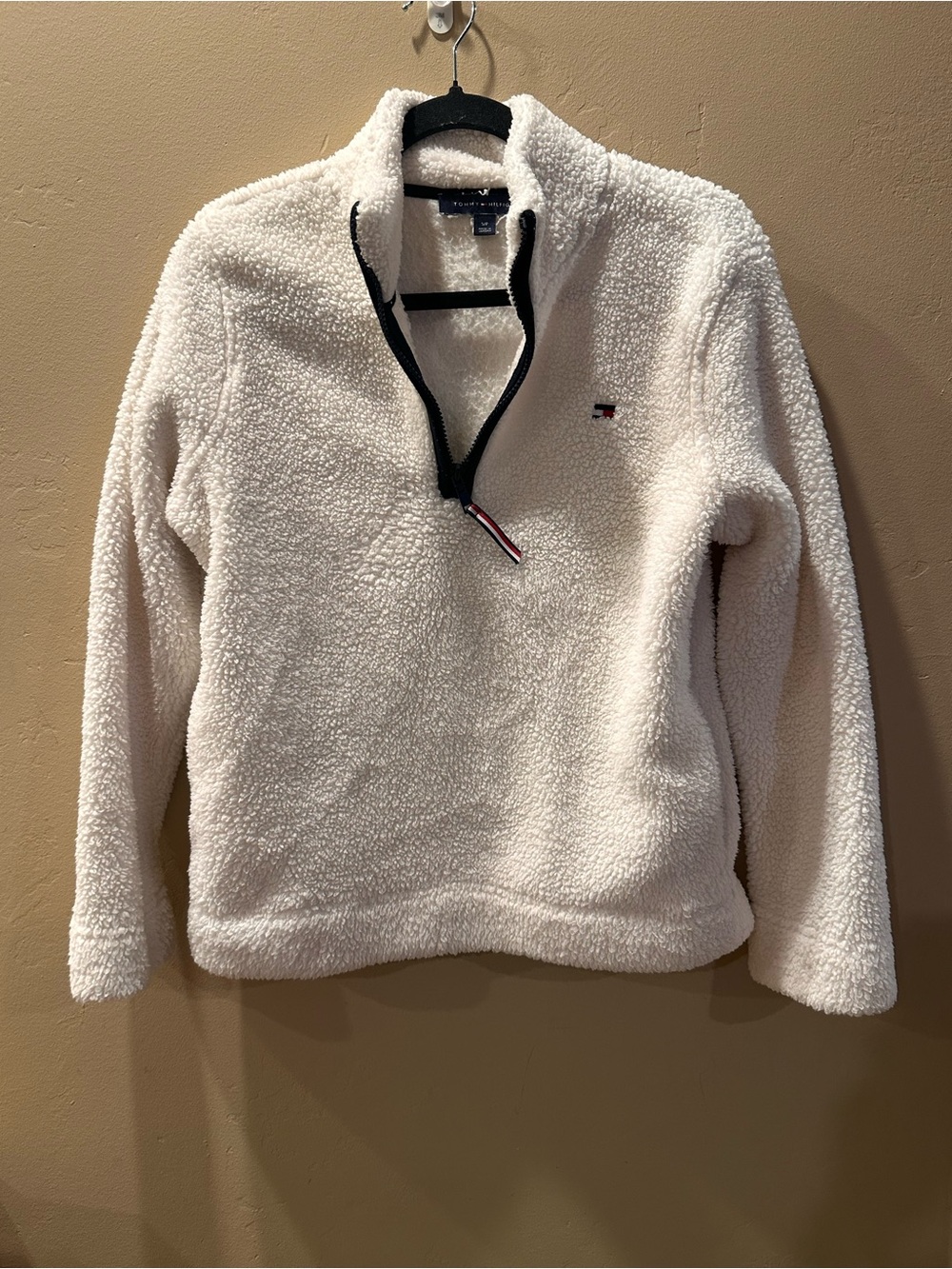Tommy Hilfiger Men's Cream Sherpa Half-Zip Pullover with Flag Logo